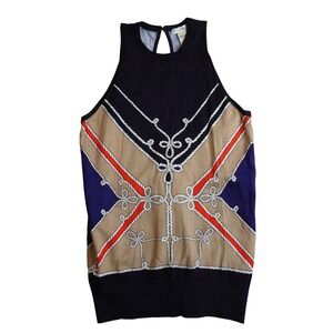 Vintage Cache Scarf Print Halter Tank Top M Navy Nautical Rope Equestrian Preppy